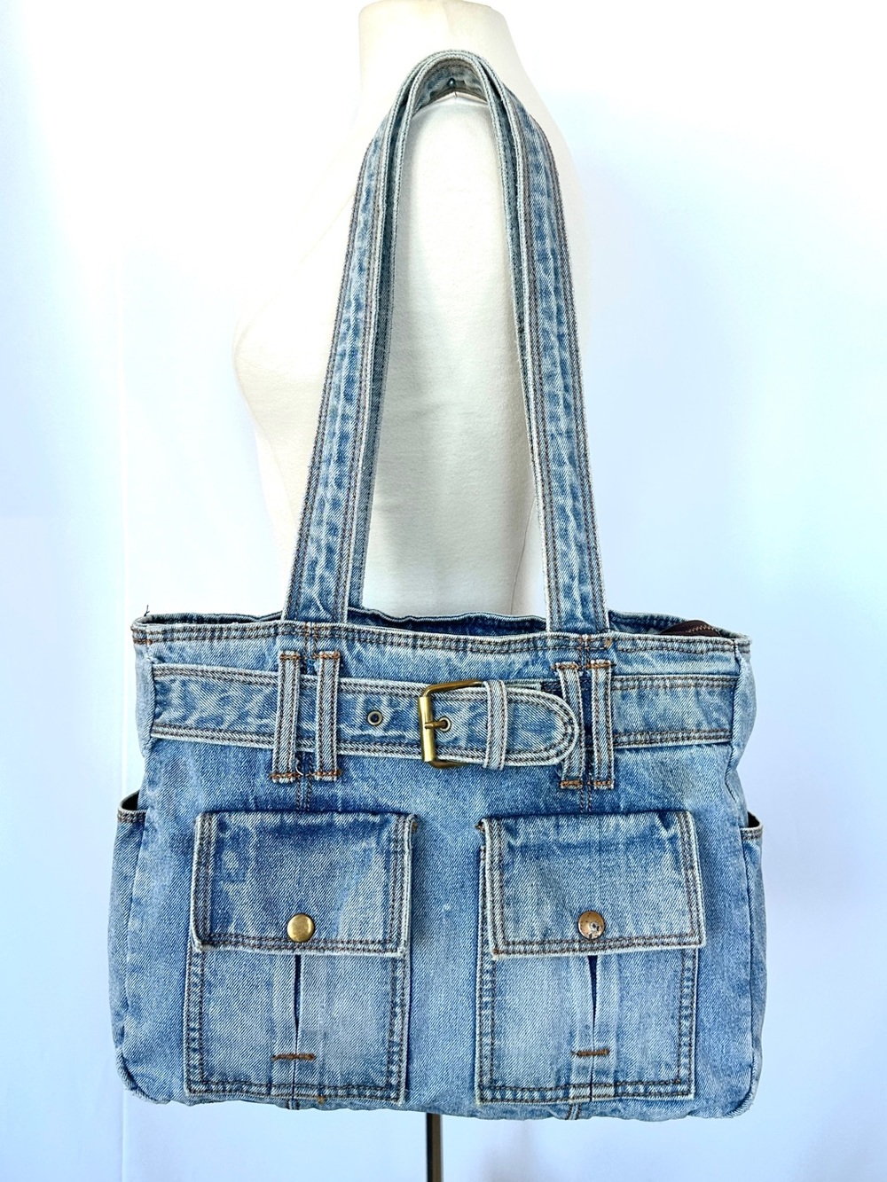 VTG Y2K DENIM CARGO POCKET BELTED DISTRESSED SHOULDER TOTE HANDBAG PURSE
